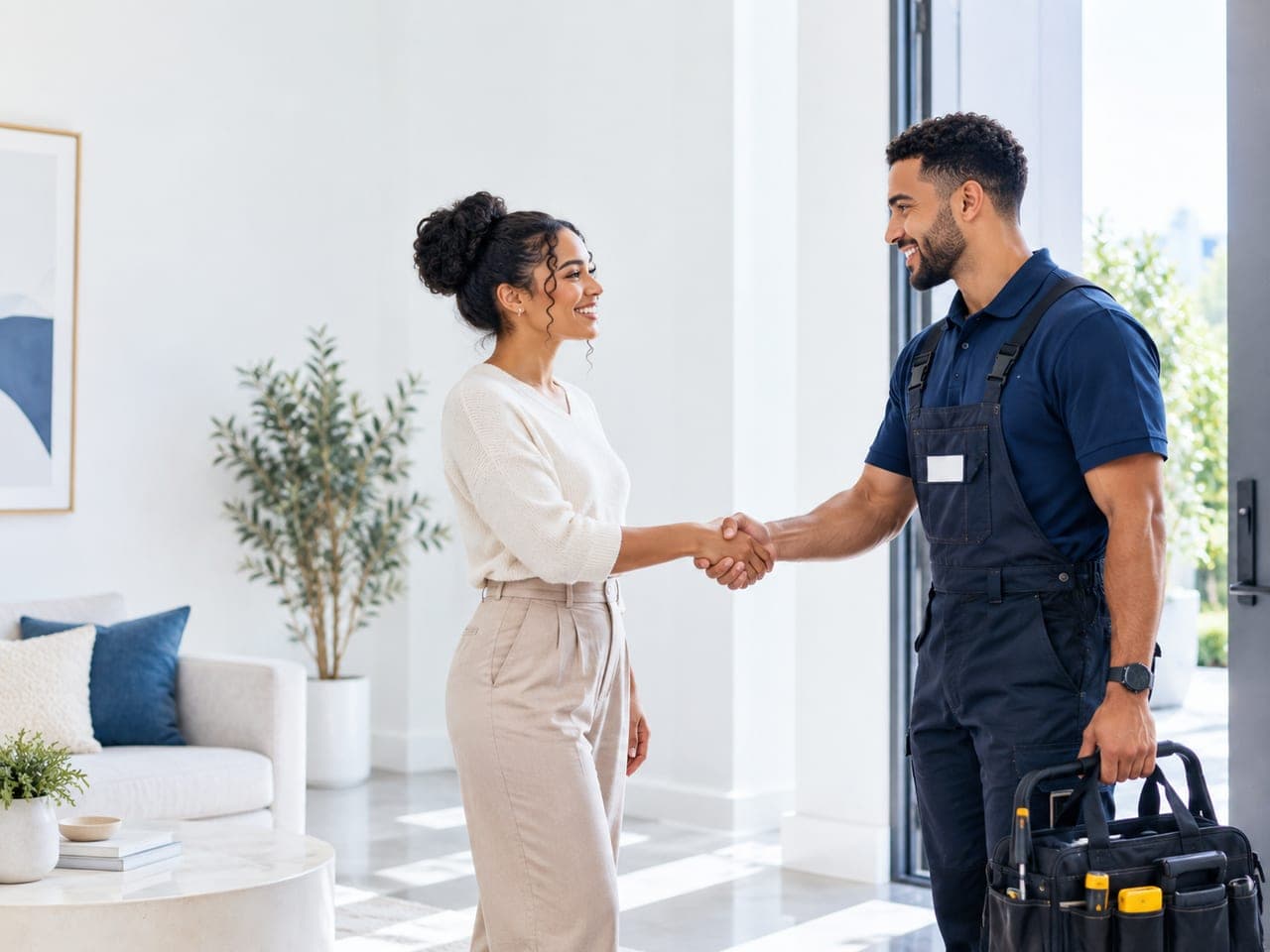 A customer greeting a vetted mConnected Pro at their door
